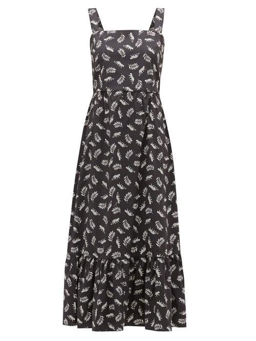 Matchesfashion.com Hvn - Olympia Leaf-print Cotton-poplin Midi Dress - Womens - Black Print