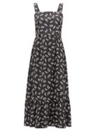 Matchesfashion.com Hvn - Olympia Leaf-print Cotton-poplin Midi Dress - Womens - Black Print