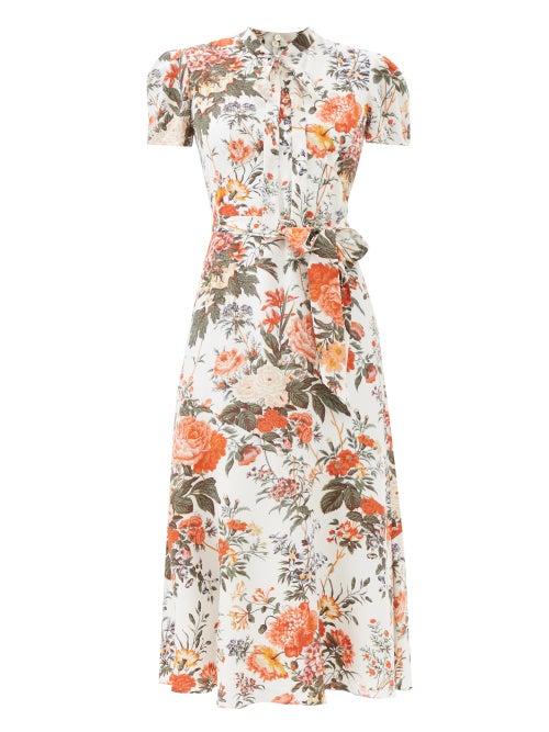 Erdem - Elmer Belted Floral-print Silk Dress - Womens - White Multi