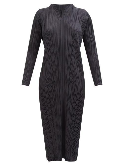 Pleats Please Issey Miyake - Notch-neck Technical-pleated Midi Dress - Womens - Black