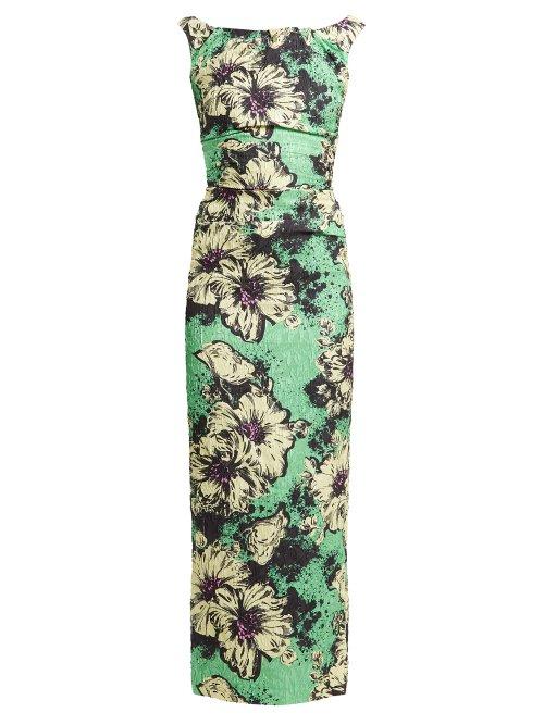 Matchesfashion.com Miu Miu - Floral Print Silk Blend Cloqu Dress - Womens - Green Print
