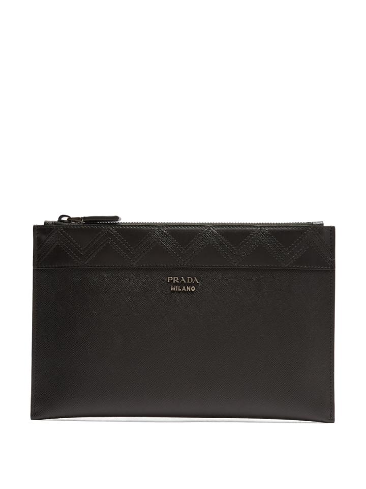 Prada Zigzag Embroidered Saffiano-leather Pouch