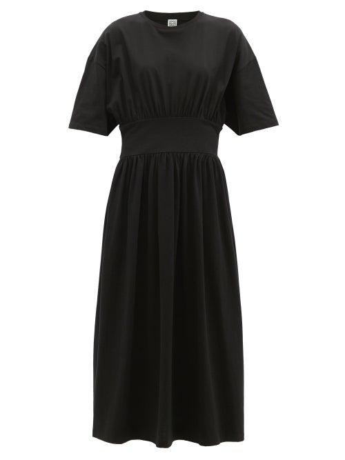 Ladies Rtw Totme - Gathered-waist Organic-cotton Jersey Midi Dress - Womens - Black