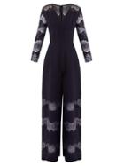 Matchesfashion.com Huishan Zhang - Faye Lace Panelled Crepe Jumpsuit - Womens - Navy