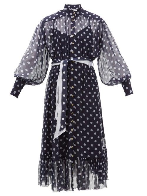 Matchesfashion.com Zimmermann - Sabotage Lantern Belted Polka Dot Silk Midi Dress - Womens - Navy Print