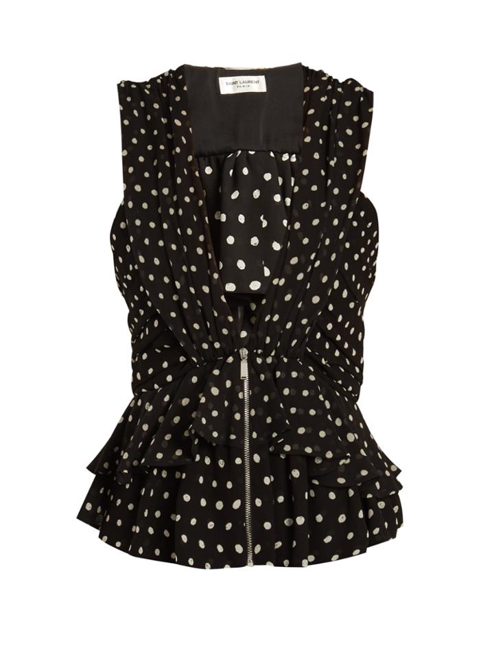 Saint Laurent Deep V-neck Polka-dot Print Silk Top