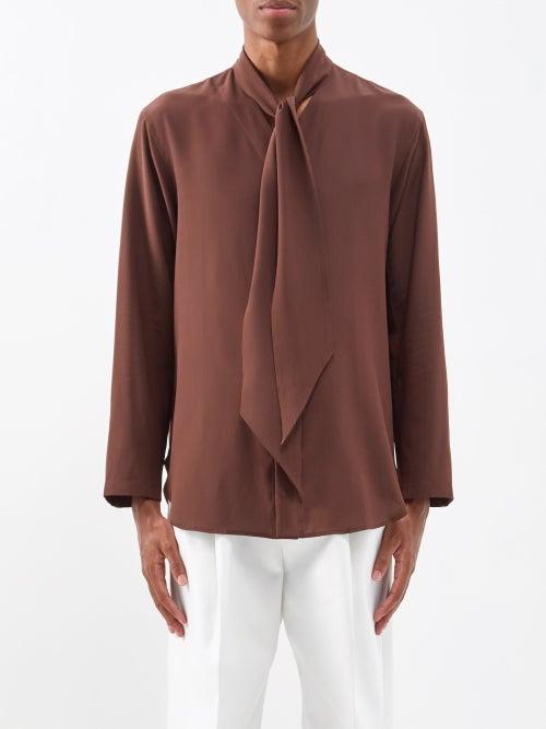 Umit Benan B+ - Scarf-collar Silk Shirt - Mens - Brown