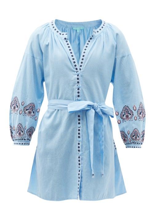 Matchesfashion.com Melissa Odabash - Tania Embroidered Cotton-blend Shirt Dress - Womens - Light Blue