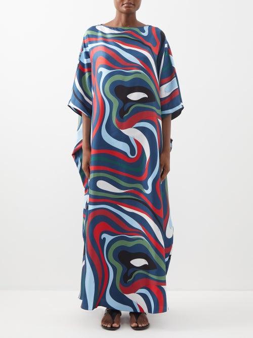 Pucci - Marmo-print Silk-twill Kaftan - Womens - Blue Multi