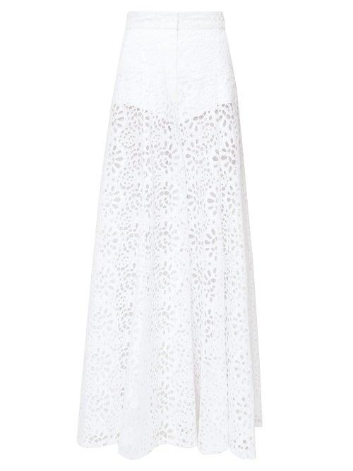 Matchesfashion.com Carolina Herrera - Broderie-anglaise Cotton Palazzo Trousers - Womens - White