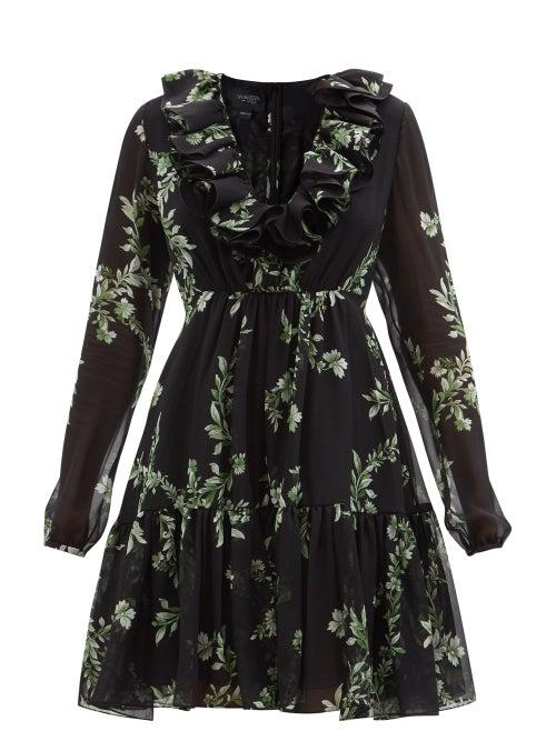 Giambattista Valli - Flounced Floral-print Silk-chiffon Mini Dress - Womens - Black Floral