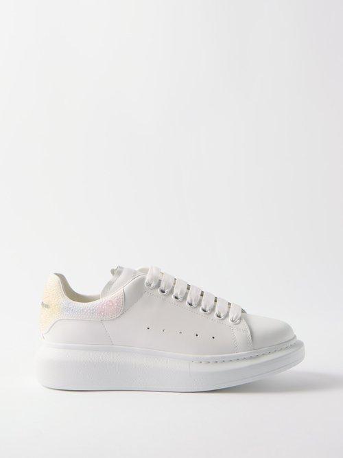 Alexander Mcqueen - Oversized Crystal-heel Leather Trainers - Womens - White Multi