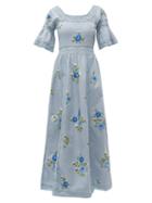 Matchesfashion.com Luisa Beccaria - Square Neck Lace Trim Embroidered Cotton Dress - Womens - Blue