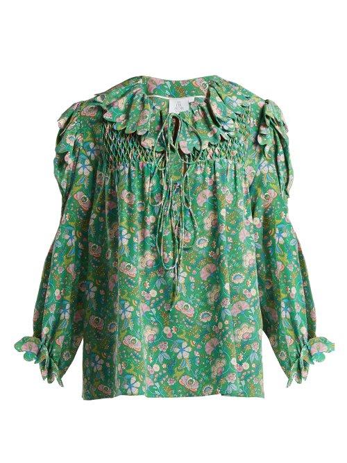 Matchesfashion.com Horror Vacui - Defensia Scallop Ruffle Trimmed Silk Blouse - Womens - Green