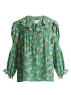 Matchesfashion.com Horror Vacui - Defensia Scallop Ruffle Trimmed Silk Blouse - Womens - Green