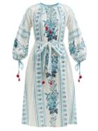 Matchesfashion.com D'ascoli - Olga Belted Floral-print Cotton-khadi Dress - Womens - Blue Multi
