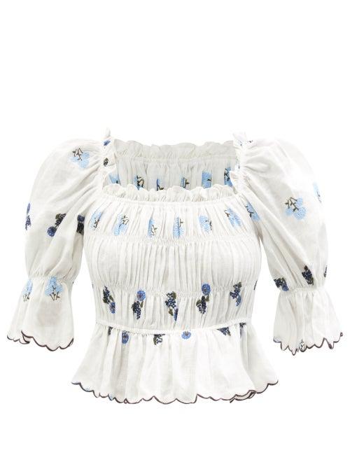 Ladies Rtw Lug Von Siga - Emily Floral-embroidered Smocked Linen Top - Womens - White