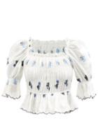 Ladies Rtw Lug Von Siga - Emily Floral-embroidered Smocked Linen Top - Womens - White