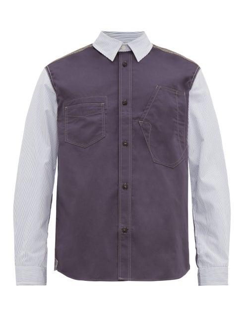 Matchesfashion.com Junya Watanabe - Patchwork Canvas And Pinstriped Cotton Shirt - Mens - Navy Multi