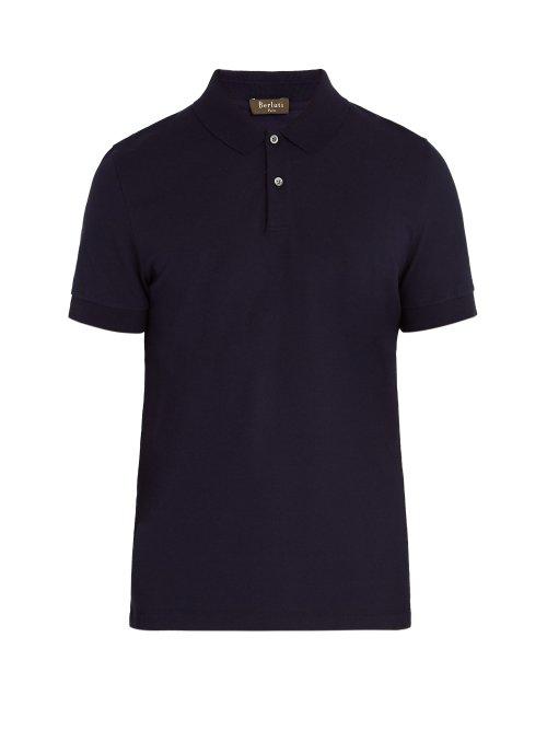 Matchesfashion.com Berluti - Leather Trimmed Cotton Polo Shirt - Mens - Navy