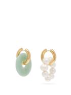 Matchesfashion.com Timeless Pearly - Mismatched Quartz & Pearl Hoop Earrings - Womens - Green