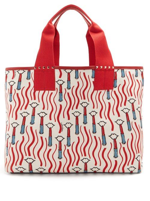 Matchesfashion.com Valentino - Lipstick Print Canvas Tote Bag - Womens - White Multi