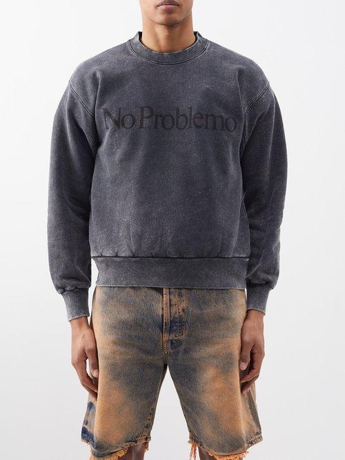 Aries - No Problemo-print Acid-wash Sweatshirt - Mens - Black