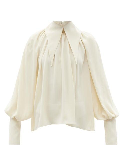 Ladies Rtw 16arlington - Sidra Point-collar Balloon-sleeve Chiffon Blouse - Womens - Ivory