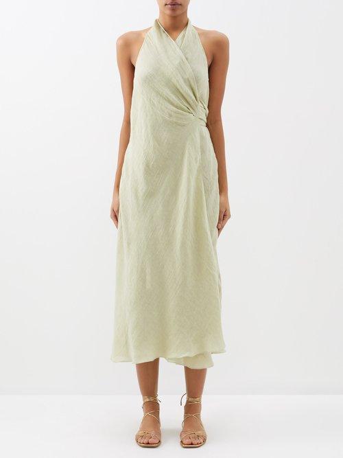 Three Graces London - Yara Crossover Linen-blend Halterneck Midi Dress - Womens - Light Green