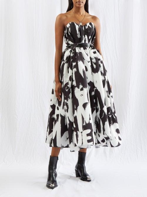 Alexander Mcqueen - Graffiti-logo Print Strapless Taffeta Dress - Womens - Black White