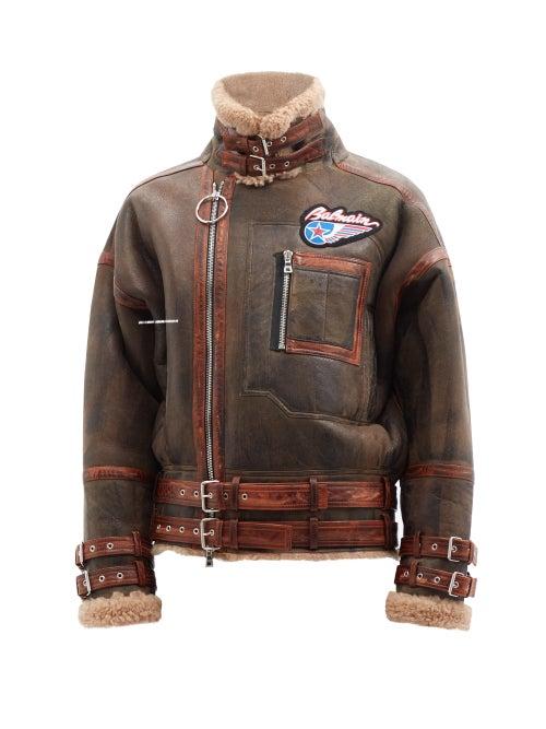 Balmain - Logo-patch Patinated-shearling Aviator Jacket - Mens - Brown