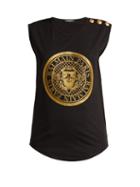 Matchesfashion.com Balmain - Glitter Embellished Logo Print Cotton Tank Top - Womens - Black Gold