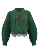 Matchesfashion.com Self-portrait - Chunky Lace Trim Cotton Blend Sweater - Womens - Dark Green