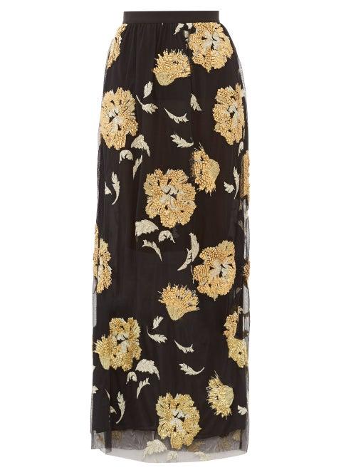 Matchesfashion.com Osman - Eva Floral-embroidered Tulle Maxi Skirt - Womens - Black Gold