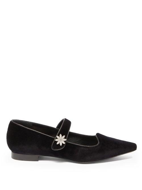 Matchesfashion.com Fabrizio Viti - Davis Crystal-daisy Velvet Mary Jane Flats - Womens - Black