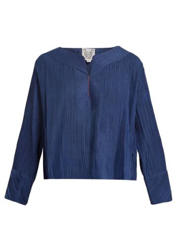 Matchesfashion.com Thierry Colson - Jours De Venise Pleated Cotton Blend Top - Womens - Navy