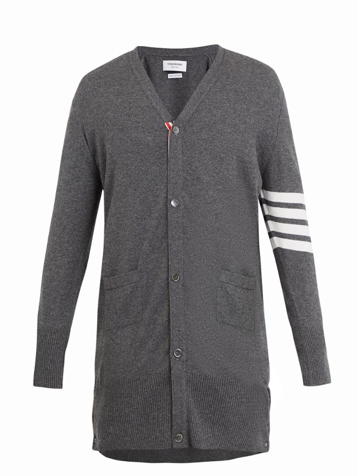 Thom Browne Long V-neck Striped-sleeve Cashmere Cardigan