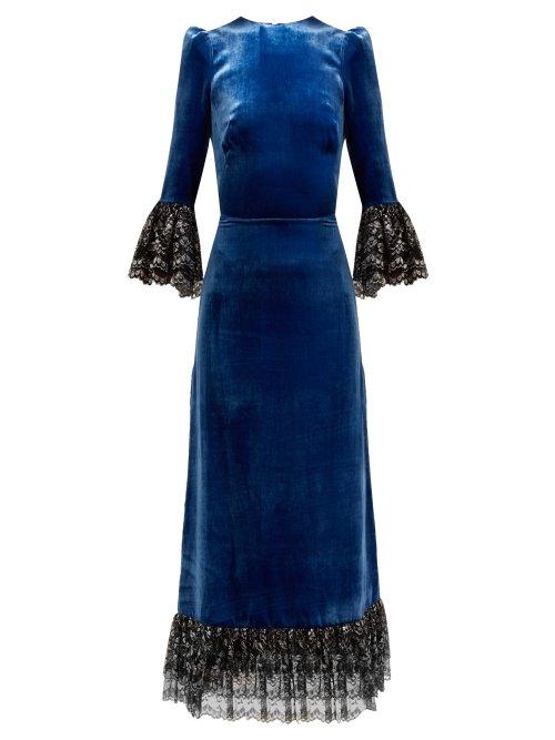 Matchesfashion.com The Vampire's Wife - Falconetti Lace Trimmed Velvet Midi Dress - Womens - Blue Multi