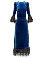 Matchesfashion.com The Vampire's Wife - Falconetti Lace Trimmed Velvet Midi Dress - Womens - Blue Multi