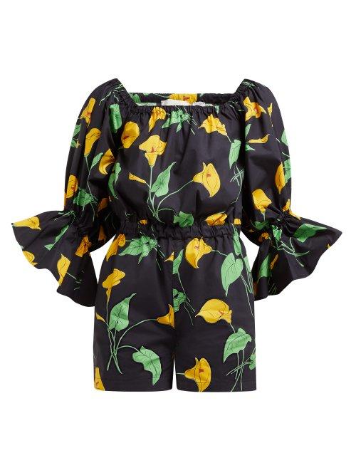 Matchesfashion.com La Doublej - Calla Lily Print Cotton Playsuit - Womens - Black Print