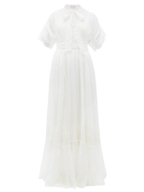 Matchesfashion.com Luisa Beccaria - Pussy-bow Lace And Silk-crepe Gown - Womens - White