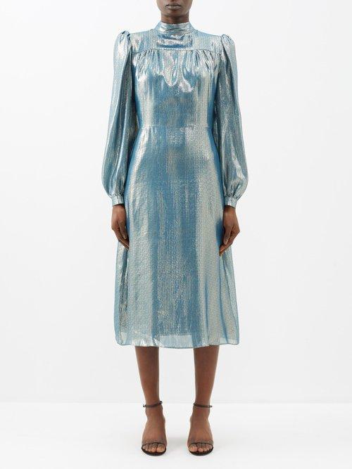 Bella Freud - Angelica Liquid Lam Silk-blend Midi Dress - Womens - Teal