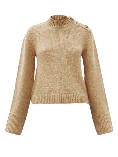 Matchesfashion.com Khaite - Brie Flared-sleeve Buttoned Cashmere Sweater - Womens - Camel