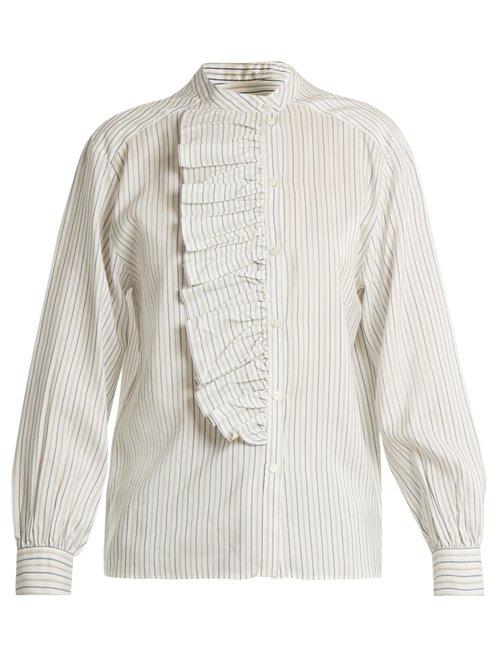 Matchesfashion.com Masscob - Striped Asymmetric Ruffled Silk Top - Womens - Blue Stripe