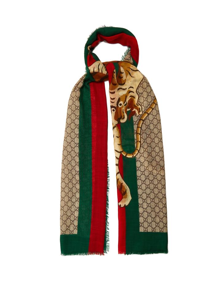 Gucci Gg Supreme And Angry Tiger-print Scarf