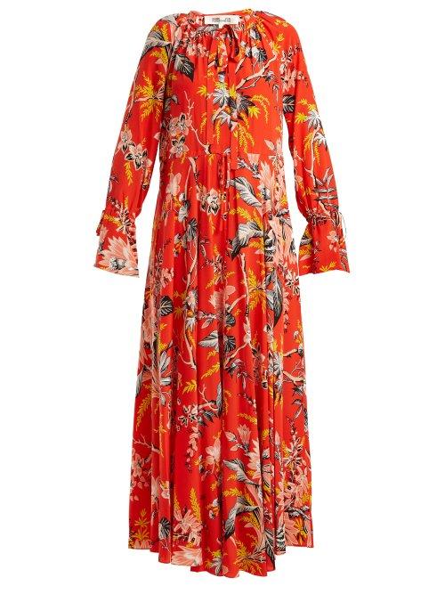 Matchesfashion.com Diane Von Furstenberg - Bethany Floral Print Silk Dress - Womens - Orange Print