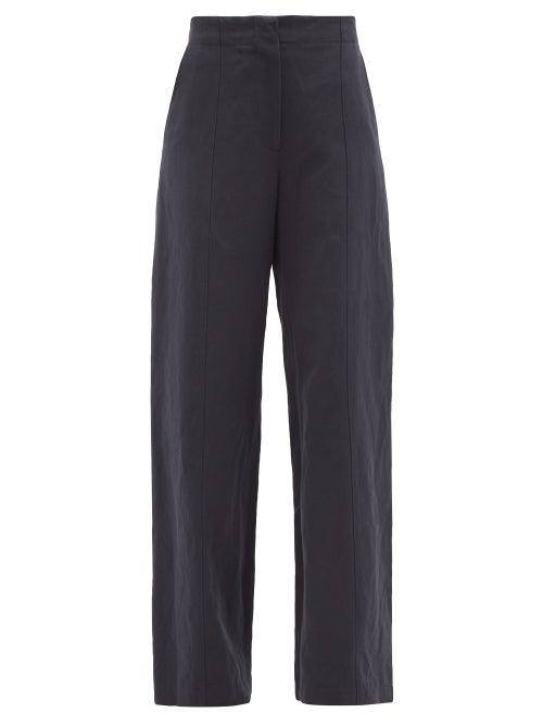 Raey - Front-seam Cotton And Linen-blend Chino Trousers - Womens - Dark Navy