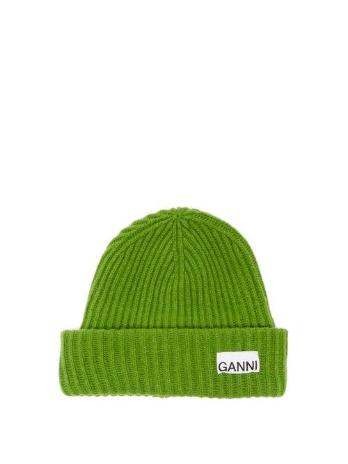 Ganni - Logo-patch Recycled Wool-blend Beanie Hat - Womens - Green