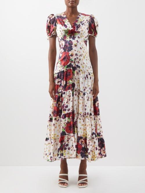 Rodarte - Rose-print Tiered Silk-crepe Dress - Womens - Beige Multi