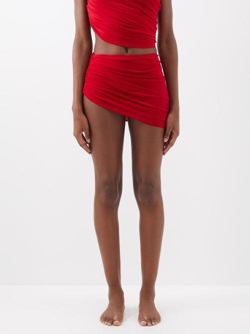 Norma Kamali - Diana Ruched Asymmetric Skirt-panel Bikini Briefs - Womens - Dark Red